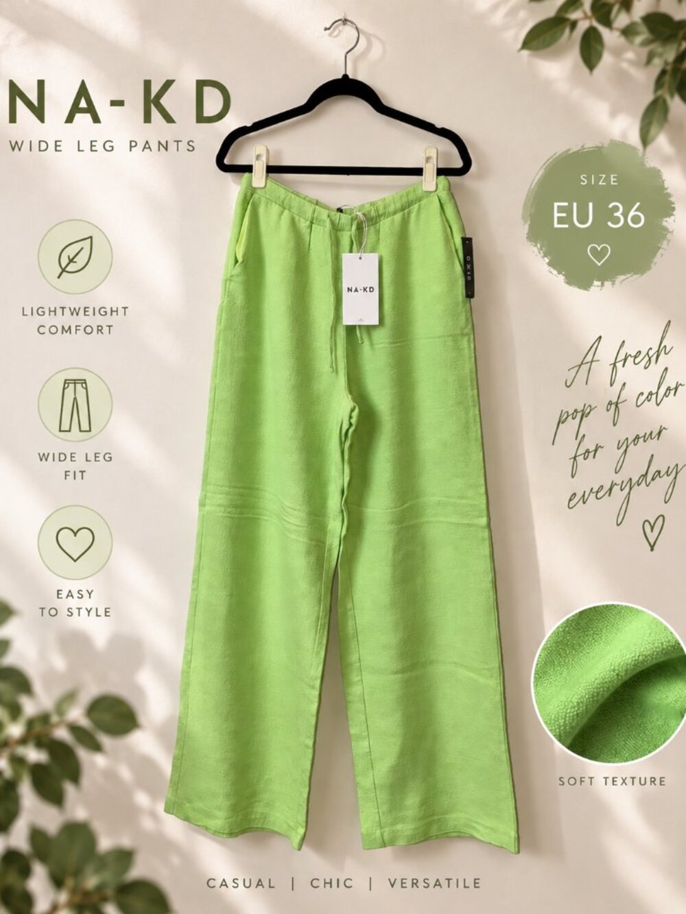 NA-KD x Josefine HJ Green Linen Blend Wide Leg Trousers EU 36 NWT